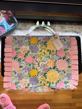 NWT Lilly Pulitzer Ruffle Multicolor Floral Garden Tote bag Pink Yellow Blue New